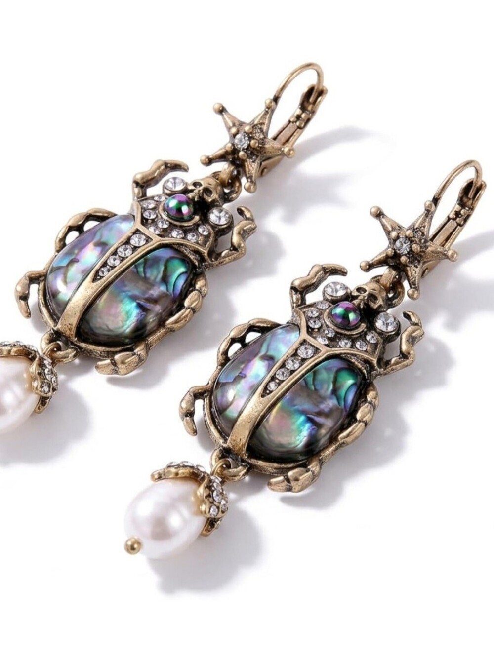 Beetle Scarab Abalone Natural Shell Pearl Dangle Earrings & Bracelet